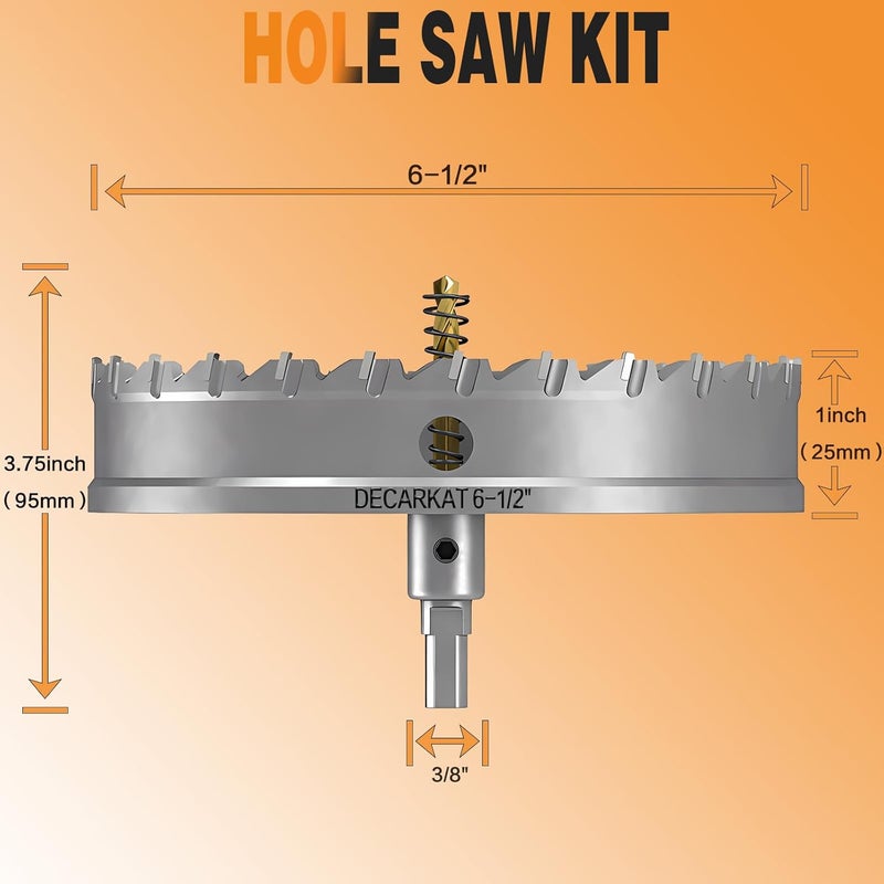DECKRKAT 6-1/2" TCT Hole Saws for Hard Metal, Heavy Duty 165mm Tungsten Carbide Tipped Hole Cutters Set with Spring-Loaded Pilot Drill Bits for Stainless Steel, Metal, Iron, and Plastic. - Image 2